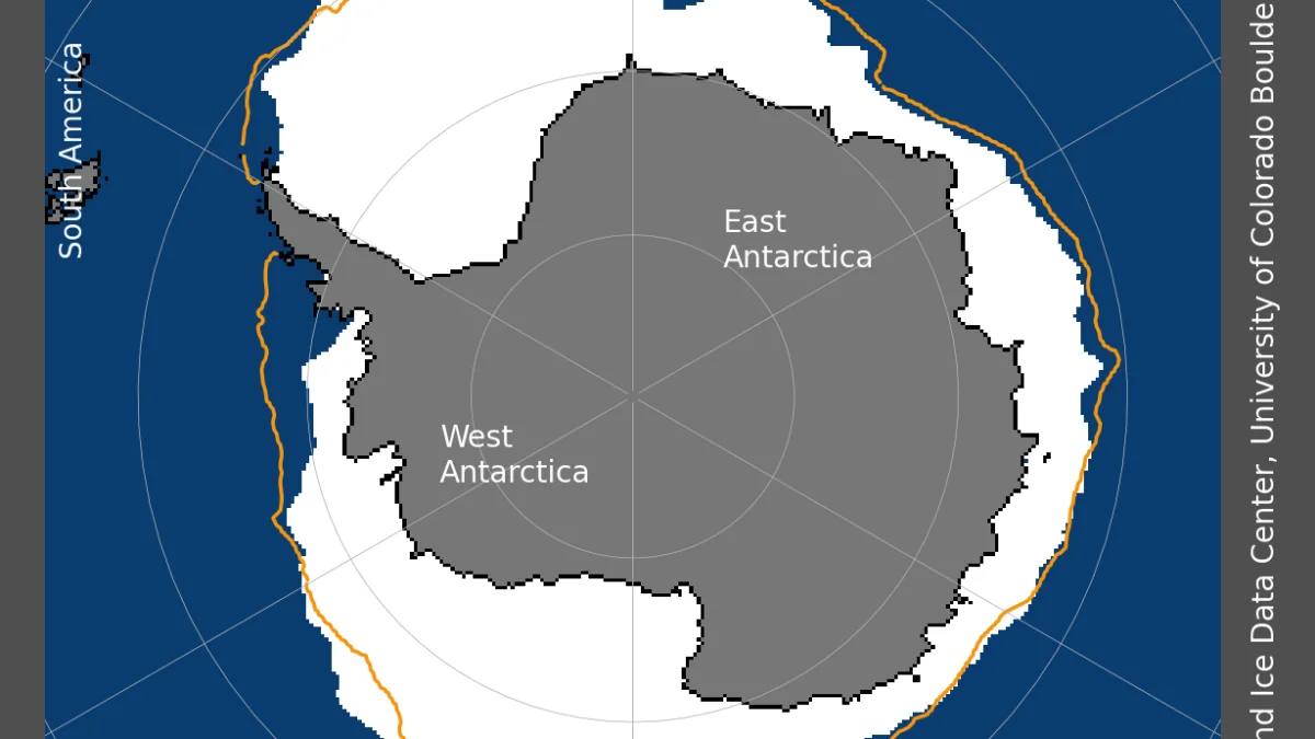 NSIDC satellite map of Antarctic sea ice extent with the 1981–2010 median ice edge in orange; current ice falls short of the median around West Antarctica