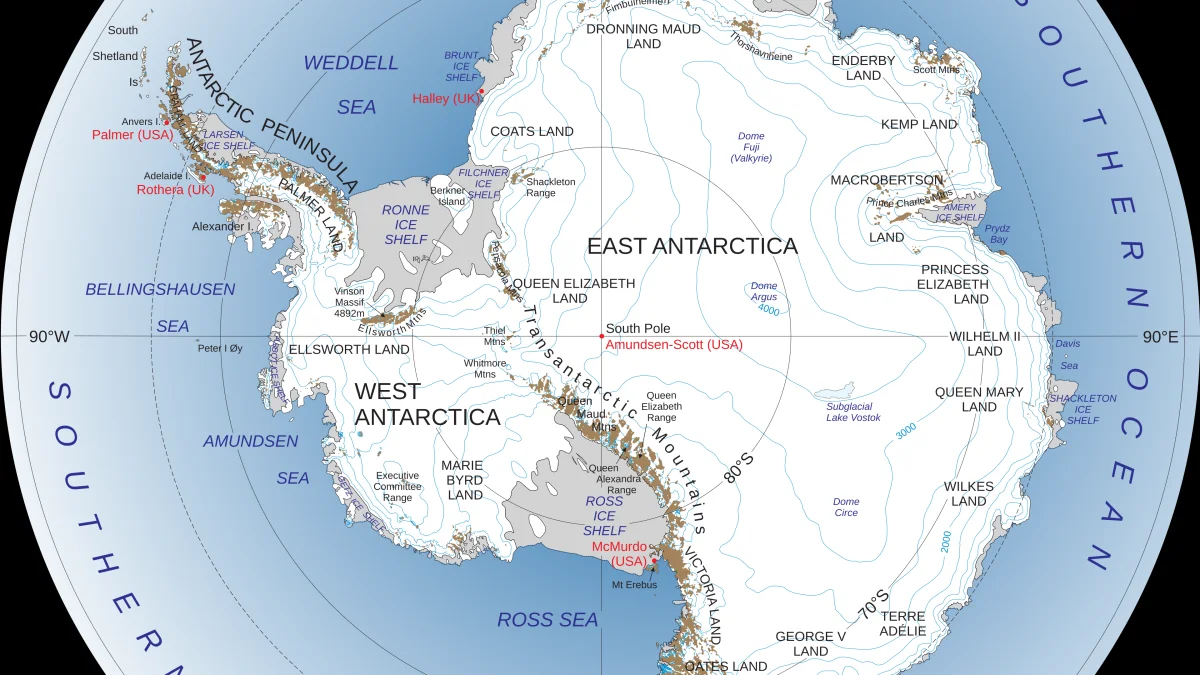 Map of Antarctica showing the Bellingshausen Sea west of the Antarctic Peninsula, with research stations and the Southern Ocean labelled