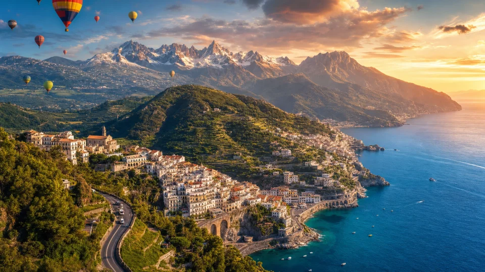 Golden-hour travel landscape with turquoise coastline, alpine peaks, green hills and colourful hot-air balloons drifting over a sunlit valley