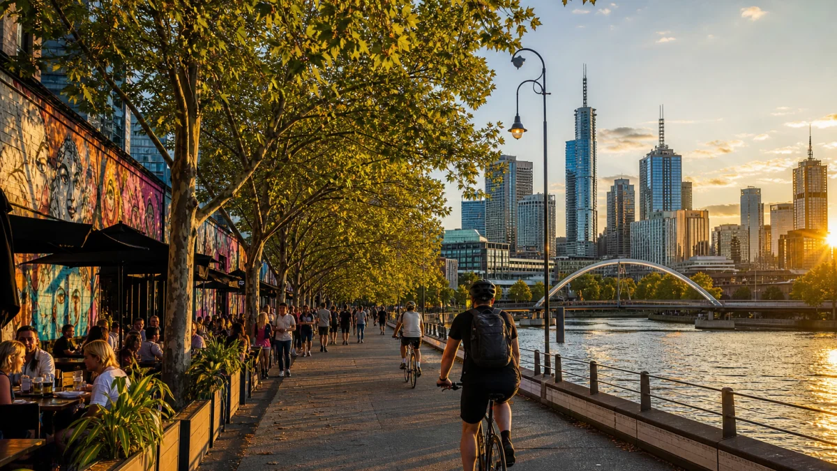 Melbourne Yarra River waterfront at golden hour with cyclists, café terraces, colourful street art and the city skyline beyond