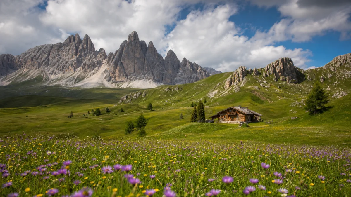 Summer alpine meadow in the Italian Dolomites with jagged limestone peaks, wildflowers and a wooden chalet in the middle distance