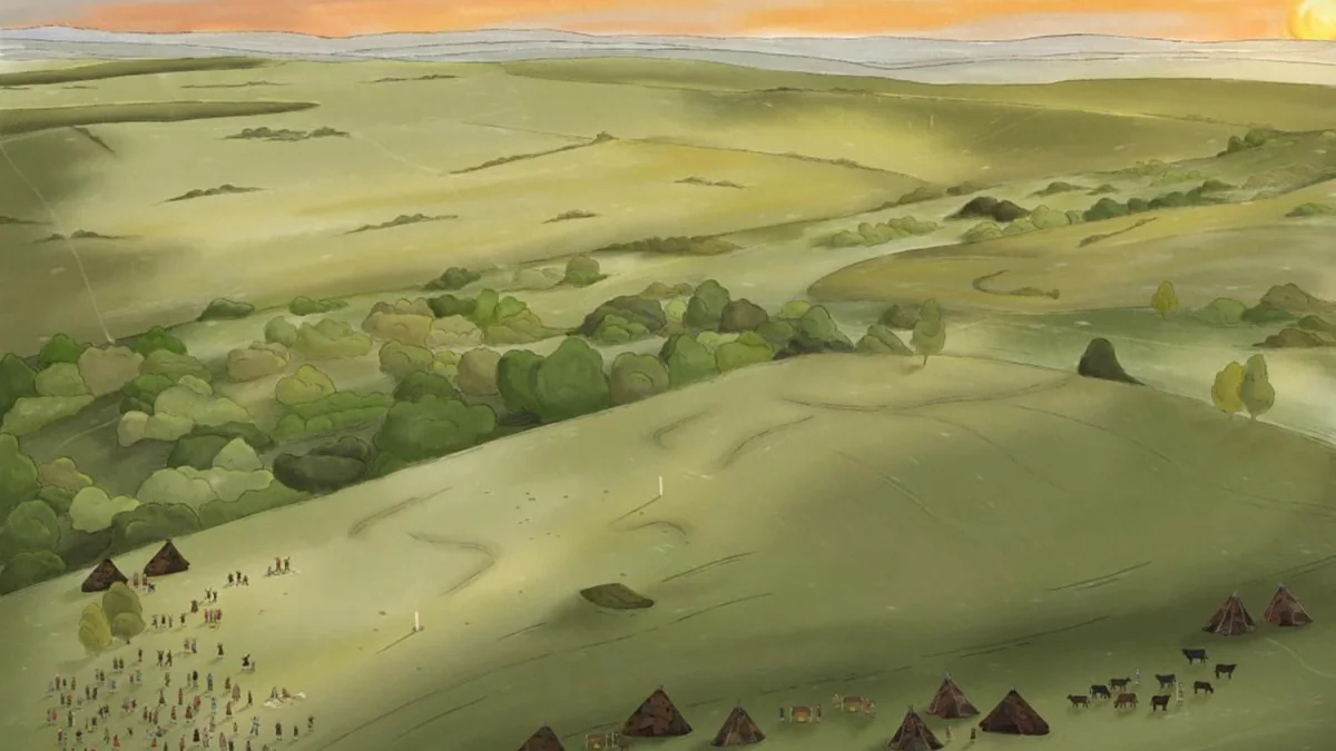 Artist's reconstruction of summer solstice celebrations on a Wiltshire hillside around 5,000 years ago — Marijane Porter / Wessex Archaeology