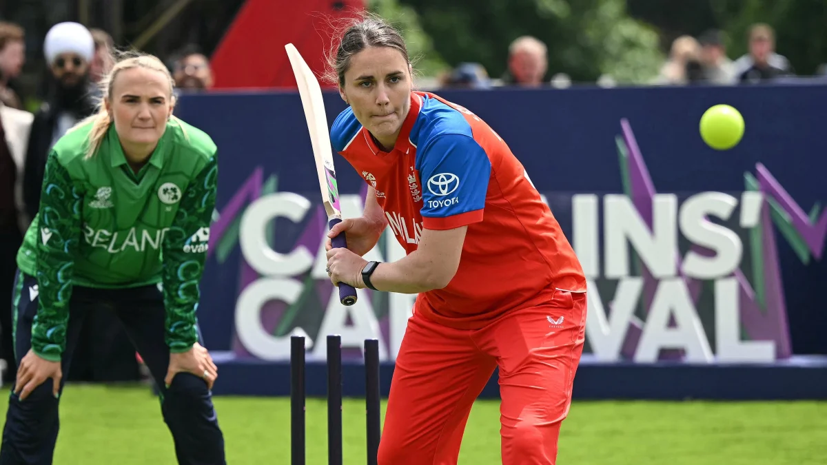 England Women batter in action at the ICC Women's T20 World Cup 2026 Captains' Carnival, with Ireland's Gaby Lewis fielding