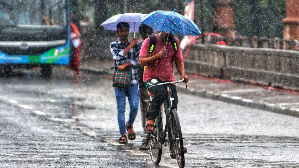 Pedestrians with umbrellas crossing a rain-slicked street in Delhi during monsoon downpours