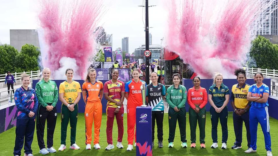 Women's T20 World Cup 2026 captains pose with the trophy at the tournament launch in London