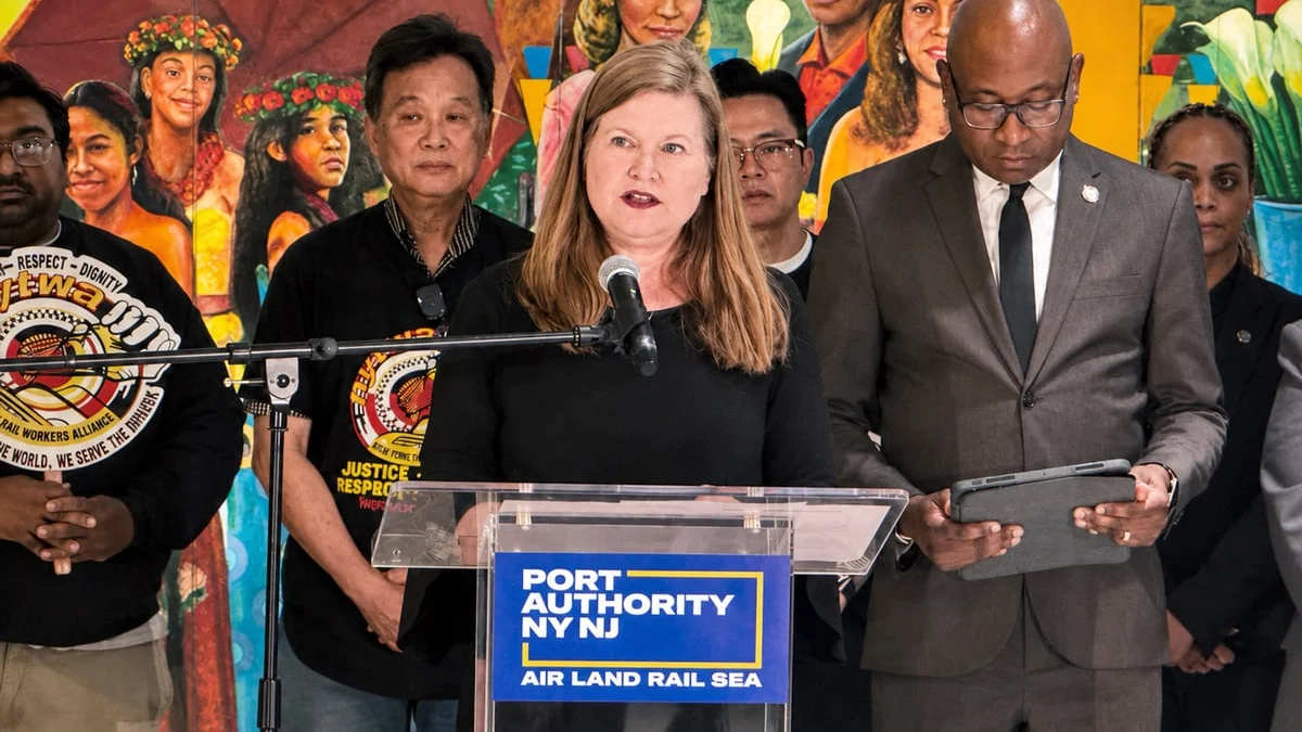 Port Authority Executive Director Kathryn Garcia announces Operation Legal Ride at a press event with New York Taxi Workers Alliance representatives