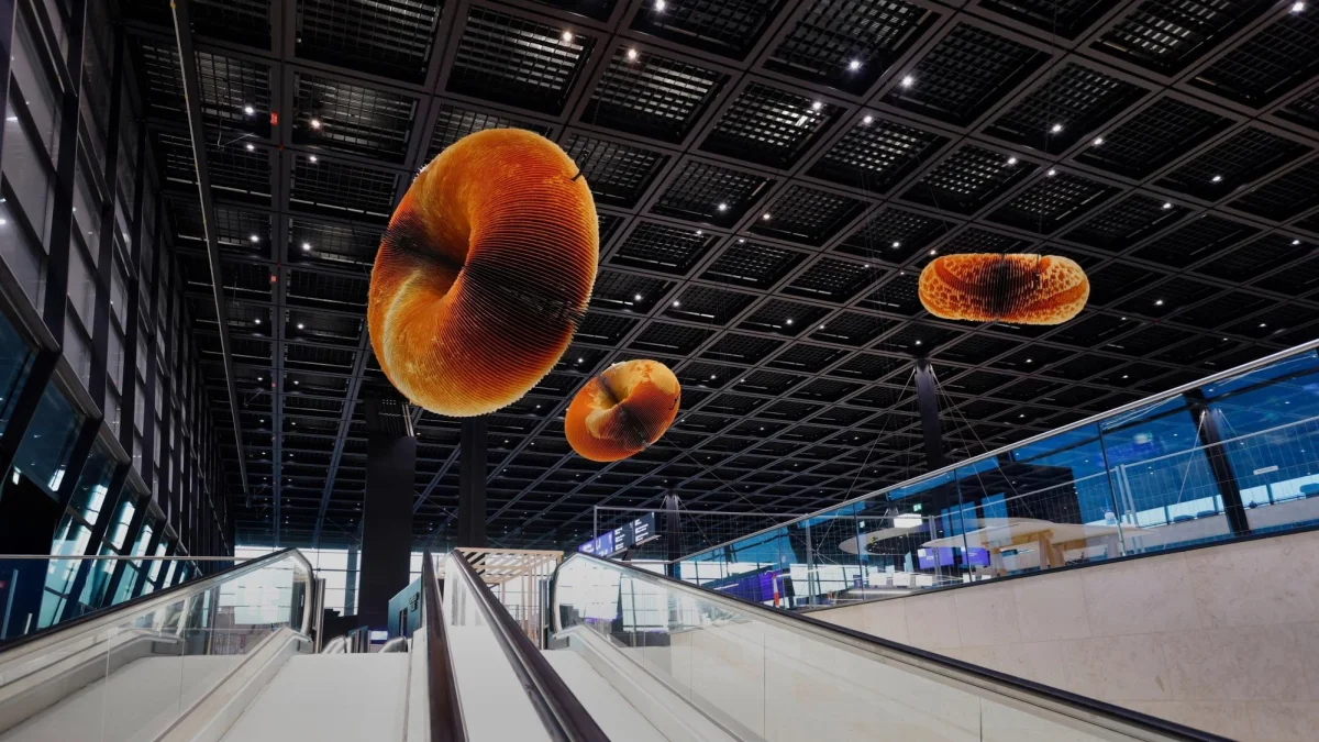 Suspended ring sculptures of coloured aluminium discs above the concourse at Frankfurt Airport Terminal 3
