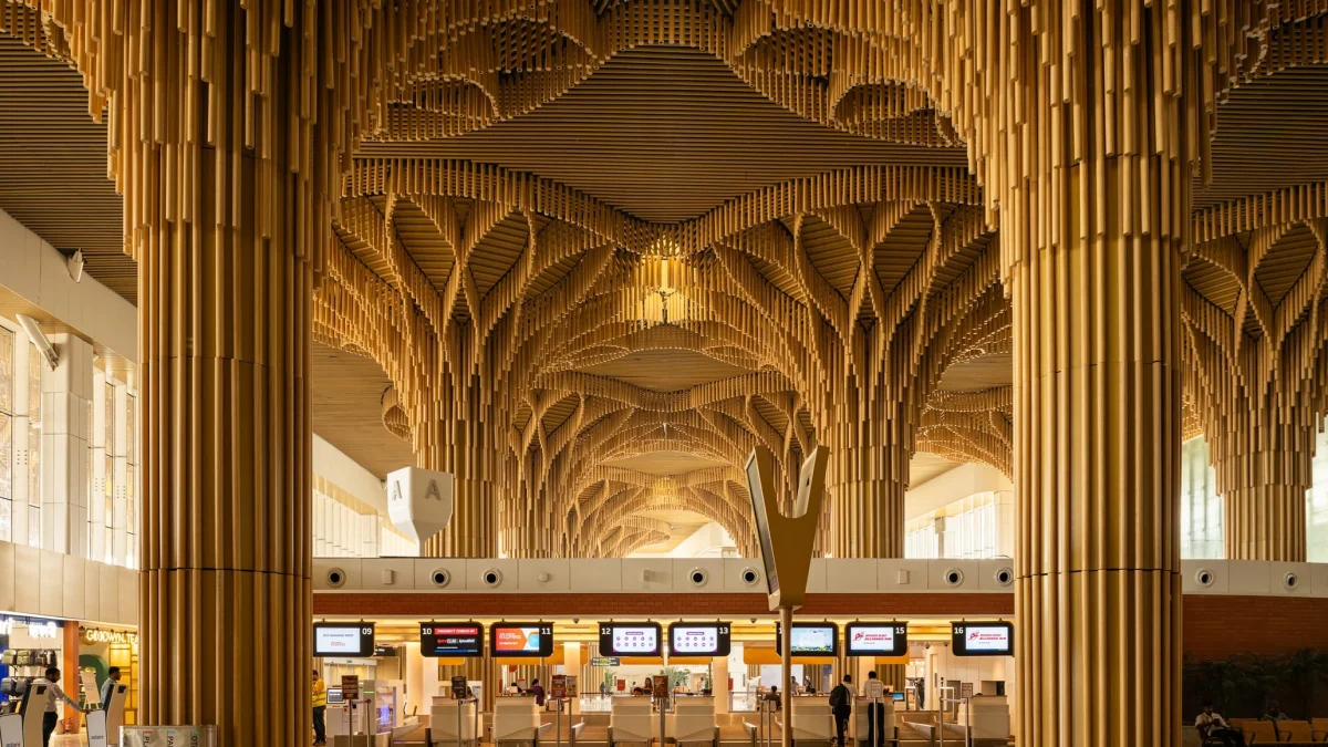 Timber vaulted check-in hall at Lokapriya Gopinath Bardoloi International Airport Terminal 2, Guwahati