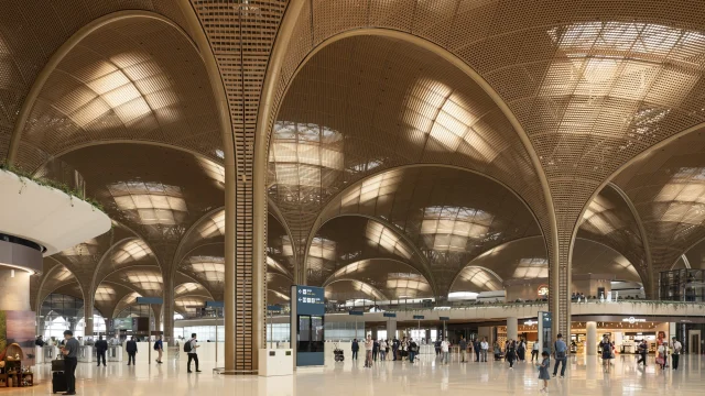 Basket-weave vaulted ceiling inside Techo International Airport, Phnom Penh