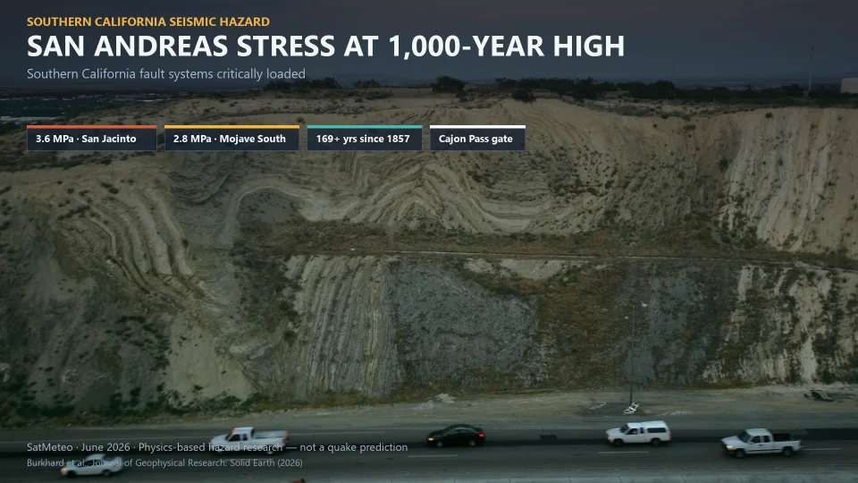 Earthquake-twisted ground along the San Andreas Fault near Palmdale, California, beneath a SatMeteo editorial headline on record fault stress