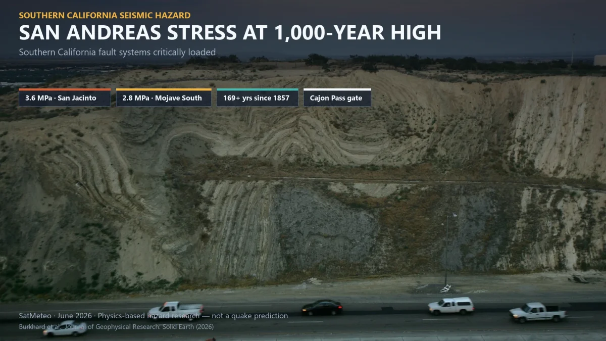 Earthquake-twisted ground along the San Andreas Fault near Palmdale, California, beneath a SatMeteo editorial headline on record fault stress