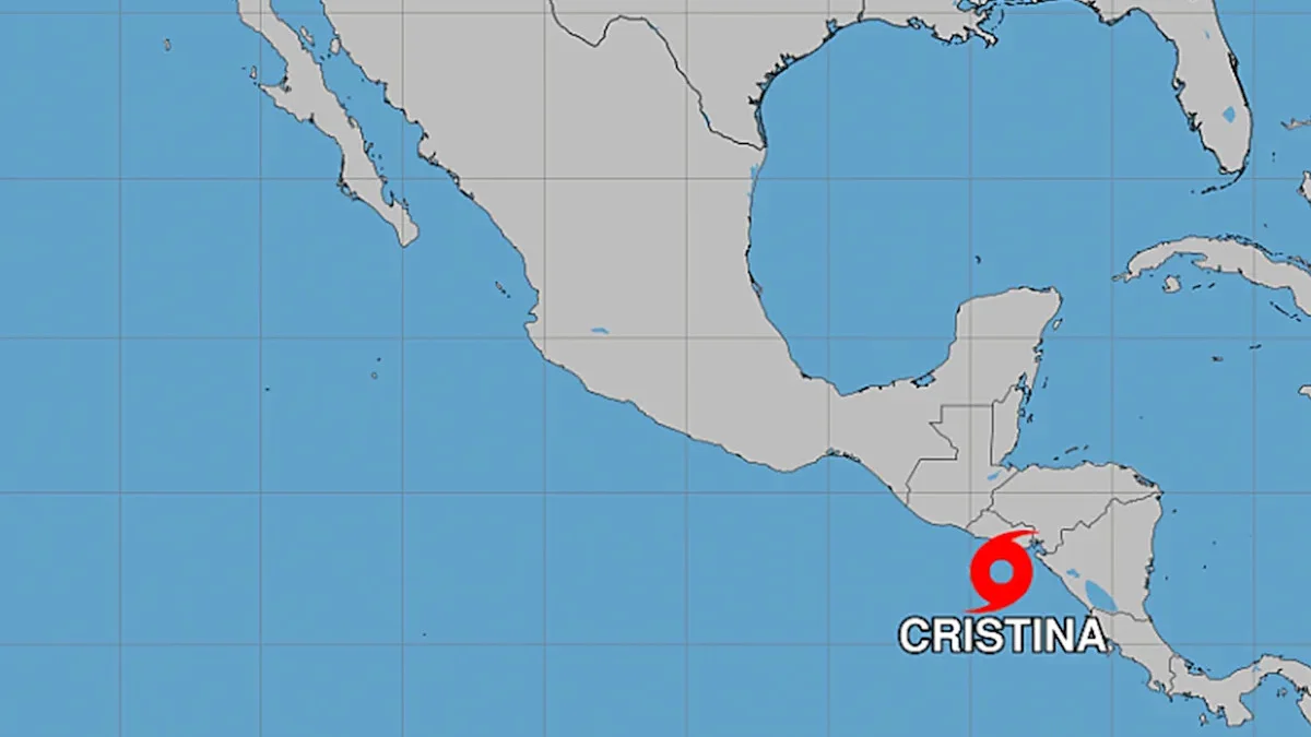 Map showing Tropical Storm Cristina in the eastern Pacific near the coasts of Nicaragua, Honduras and El Salvador