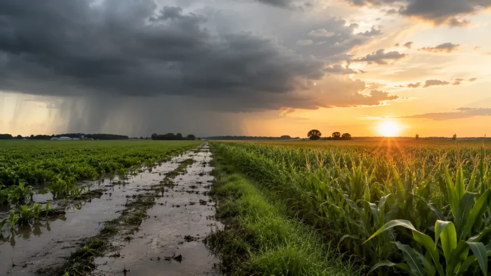 Flooded farm track between green corn and soybean fields as a dark storm dumps rain on the horizon and golden sunlight breaks through on the right