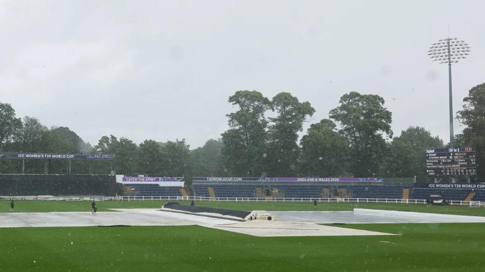 Covers on the pitch at Sophia Gardens in Cardiff as rain delays the ICC Women's T20 World Cup 2026 warm-up between England and India Women