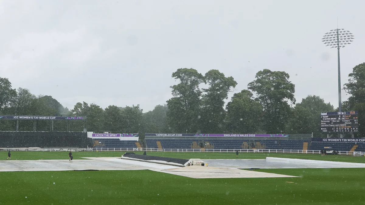 Covers on the pitch at Sophia Gardens in Cardiff as rain delays the ICC Women's T20 World Cup 2026 warm-up between England and India Women